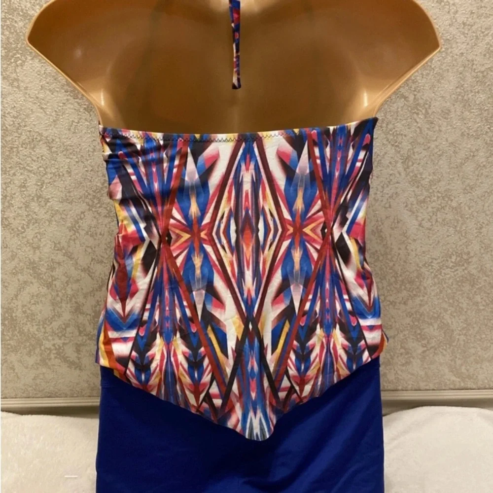 Colorful Geometric Bikini Top and Blue Shorts
